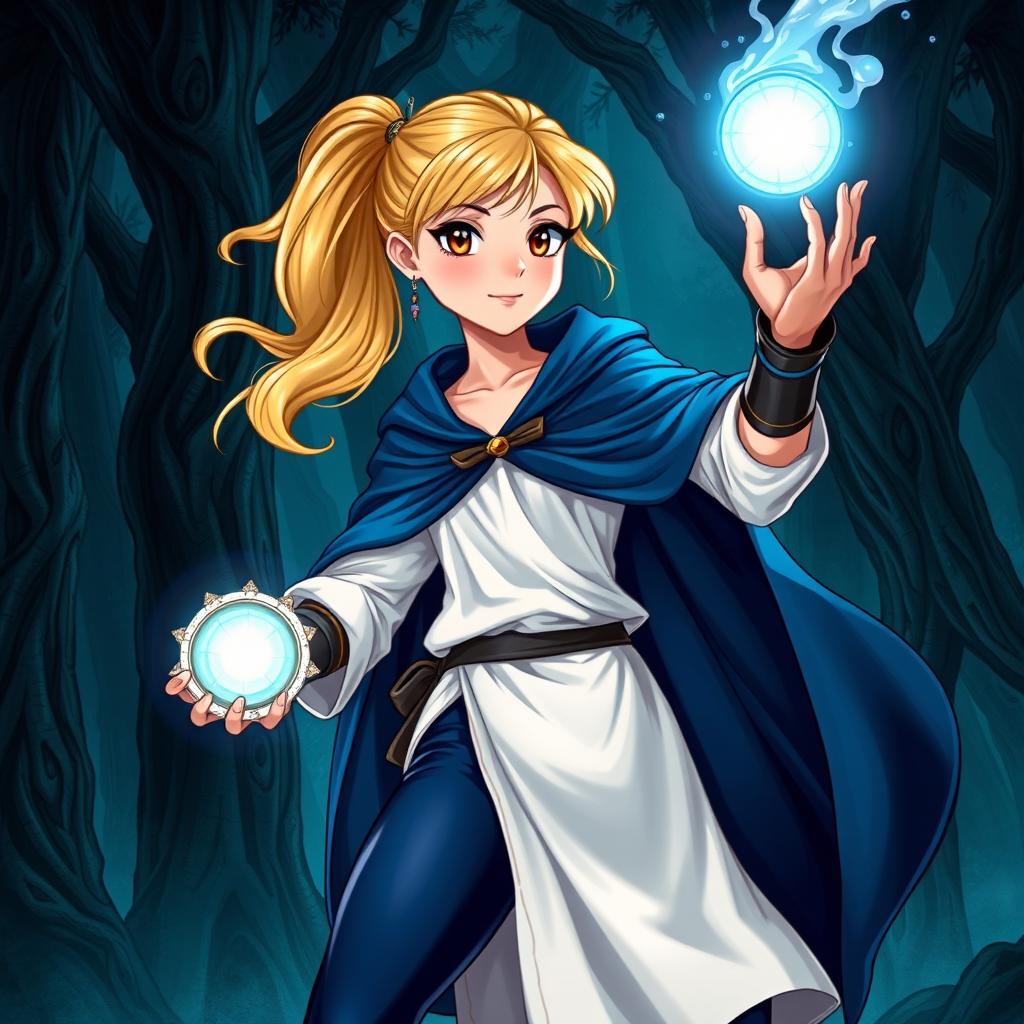 A vibrant illustration of a Dungeons & Dragons character, featuring a teenage human female with bright blonde hair styled in a ponytail, and captivating dark brown eyes