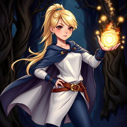 A vibrant illustration of a Dungeons & Dragons character, featuring a teenage human female with bright blonde hair styled in a ponytail, and captivating dark brown eyes