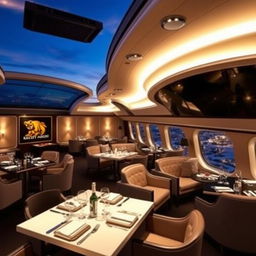 A sophisticated and luxurious themed restaurant named 'Skyline Hangar 88', designed to replicate the interior of an airplane