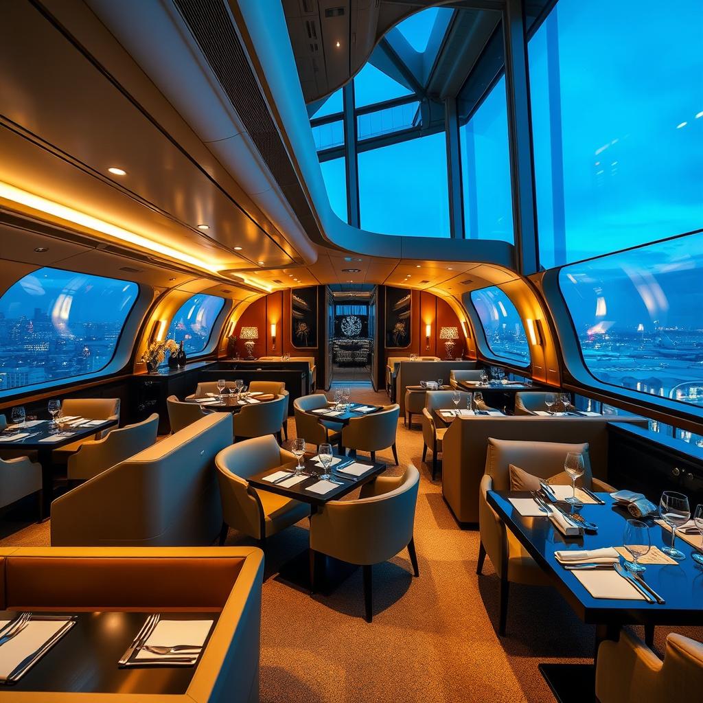 A sophisticated and luxurious themed restaurant named 'Skyline Hangar 88', designed to replicate the interior of an airplane