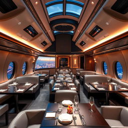 A sophisticated and luxurious themed restaurant named 'Skyline Hangar 88', designed to replicate the interior of an airplane
