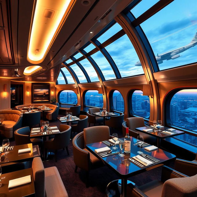 A sophisticated and luxurious themed restaurant named 'Skyline Hangar 88', designed to replicate the interior of an airplane