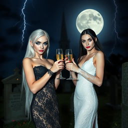 A stunning thin-faced 18-year-old girl with beautiful white hair, dressed in a very tight low-cut long black lace gown, featuring dark brooding eyes, frosted blue eye shadow, thick black eyeliner, mascara, and long black eyelashes, along with bright pink lipstick and a sultry expression