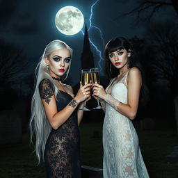 A stunning thin-faced 18-year-old girl with beautiful white hair, dressed in a very tight low-cut long black lace gown, featuring dark brooding eyes, frosted blue eye shadow, thick black eyeliner, mascara, and long black eyelashes, along with bright pink lipstick and a sultry expression