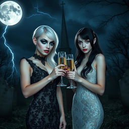 A stunning thin-faced 18-year-old girl with beautiful white hair, dressed in a very tight low-cut long black lace gown, featuring dark brooding eyes, frosted blue eye shadow, thick black eyeliner, mascara, and long black eyelashes, along with bright pink lipstick and a sultry expression