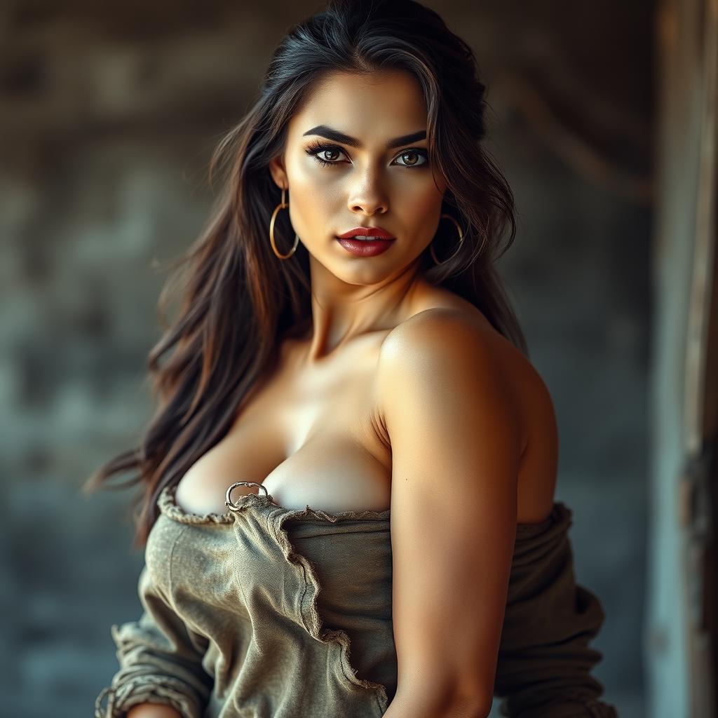 A stunning 25-year-old woman with a provocative expression, dressed in sexy, ragged clothing that suggests a rough, impoverished style while still showcasing her ample cleavage