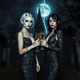 A stunning thin-faced 18-year-old girl with beautiful white hair, dressed in a very tight low-cut long black lace gown, featuring dark brooding eyes, frosted blue eye shadow, thick black eyeliner, mascara, and long black eyelashes, along with bright pink lipstick and a sultry expression