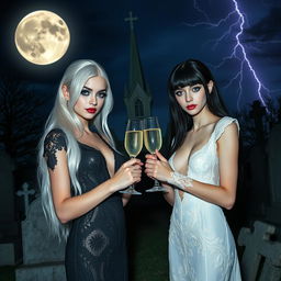 A stunning thin-faced 18-year-old girl with beautiful white hair, dressed in a very tight low-cut long black lace gown, featuring dark brooding eyes, frosted blue eye shadow, thick black eyeliner, mascara, and long black eyelashes, along with bright pink lipstick and a sultry expression
