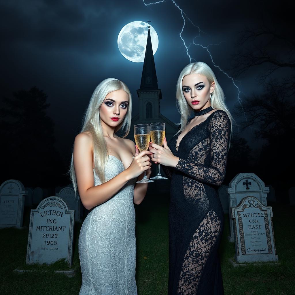 A stunning thin-faced 18-year-old girl with beautiful white hair, dressed in a very tight low-cut long black lace gown, featuring dark brooding eyes, frosted blue eye shadow, thick black eyeliner, mascara, and long black eyelashes, along with bright pink lipstick and a sultry expression