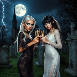 A stunning thin-faced 18-year-old girl with beautiful white hair, dressed in a very tight low-cut long black lace gown, featuring dark brooding eyes, frosted blue eye shadow, thick black eyeliner, mascara, and long black eyelashes, along with bright pink lipstick and a sultry expression