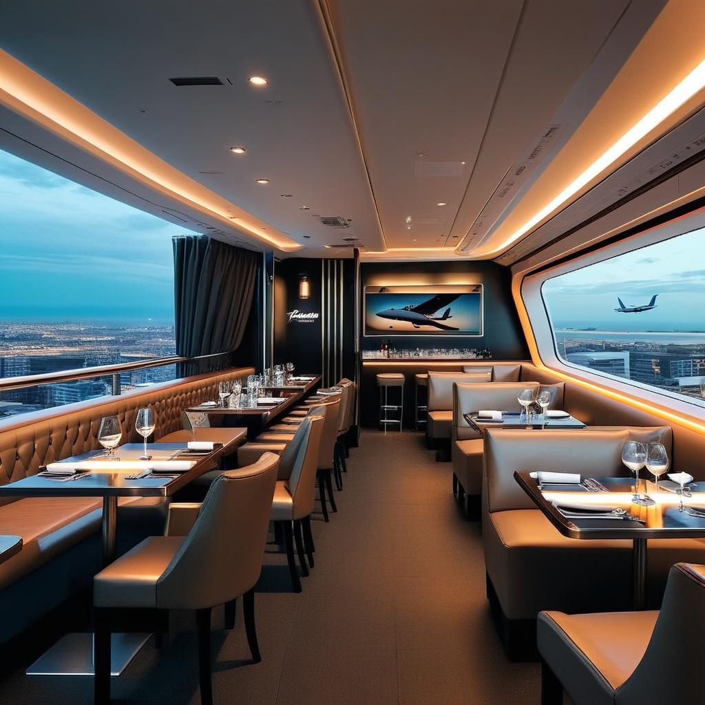 crie um bar dentro desse restaurantesofisticado e luxuoso num terraço num predio alto que representa o interior do aviãoque represento o interior do avião