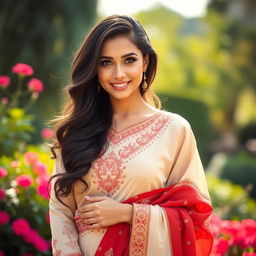 A beautiful Arab woman, elegantly dressed in traditional clothing, exuding confidence and allure