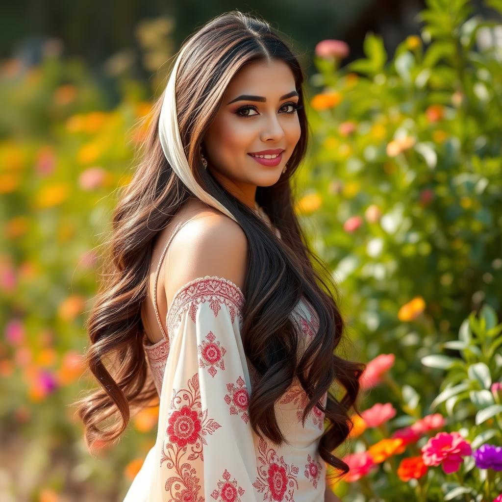 A beautiful Arab woman, elegantly dressed in traditional clothing, exuding confidence and allure