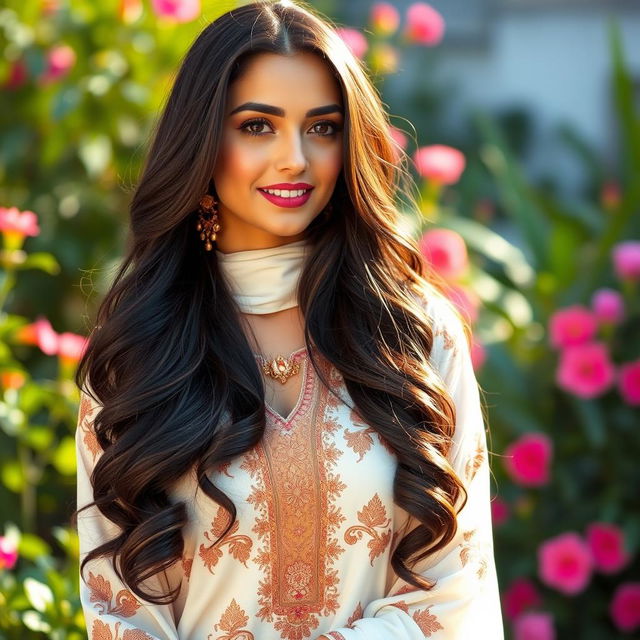 A beautiful Arab woman, elegantly dressed in traditional clothing, exuding confidence and allure