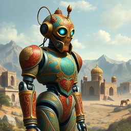 A vintage robot designed in the style of ancient Persian art from the year 1000