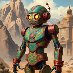 A vintage robot designed in the style of ancient Persian art from the year 1000