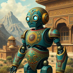 A vintage robot designed in the style of ancient Persian art from the year 1000