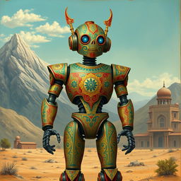 A vintage robot designed in the style of ancient Persian art from the year 1000