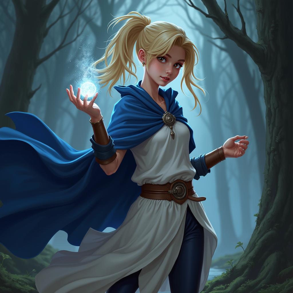 A young human female character from a fantasy Dungeons & Dragons setting, showcasing her empowering demeanor