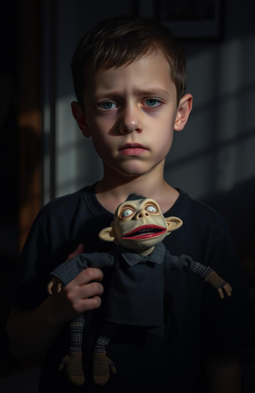A boy with an expression of trauma, reflecting a deep emotional story, holding a well-crafted puppet with intricate details