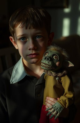 A boy with an expression of trauma, reflecting a deep emotional story, holding a well-crafted puppet with intricate details