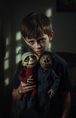 A boy with an expression of trauma, reflecting a deep emotional story, holding a well-crafted puppet with intricate details