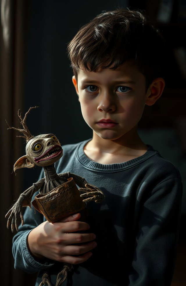 A boy with an expression of trauma, reflecting a deep emotional story, holding a well-crafted puppet with intricate details
