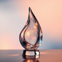 A beautifully crafted glass sculpture gracefully reflecting light, set against a softly blurred background