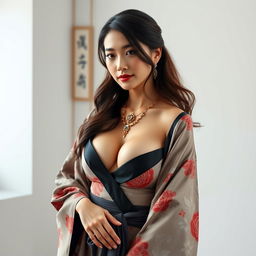 A confident and classy 25-year-old supermodel representing China, showcasing her fit physique and big perky breasts