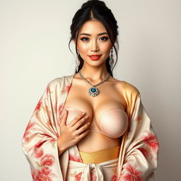 A confident and classy 25-year-old supermodel representing China, showcasing her fit physique with big perky breasts