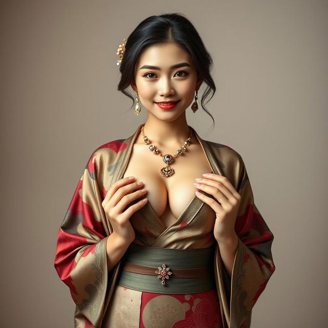 A confident and classy 25-year-old supermodel representing China, showcasing her fit physique with big perky breasts