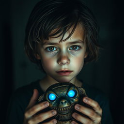 A boy with a haunting expression of trauma, featuring brown eyes that reflect a deep emotional struggle