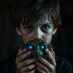 A boy with a haunting expression of trauma, featuring brown eyes that reflect a deep emotional struggle