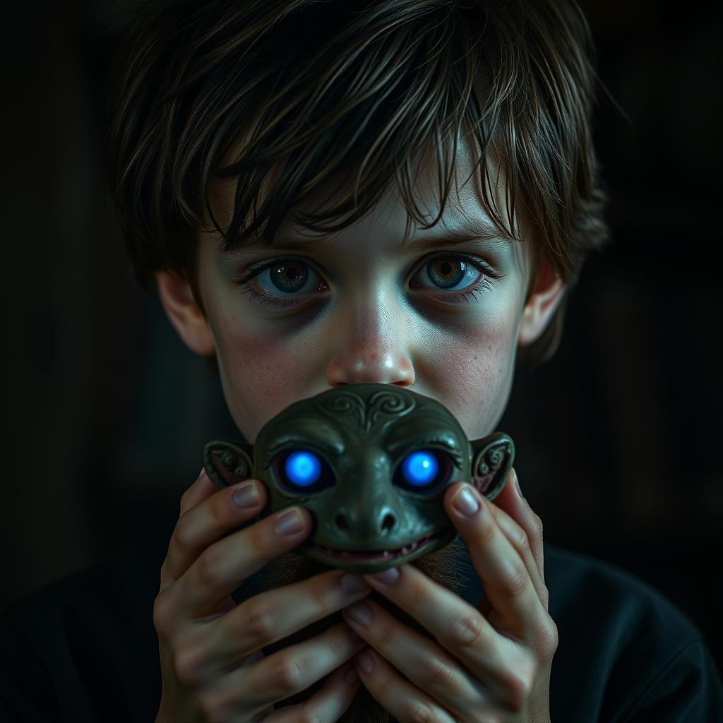 A boy with a haunting expression of trauma, featuring brown eyes that reflect a deep emotional struggle