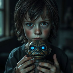 A boy with a haunting expression of trauma, featuring brown eyes that reflect a deep emotional struggle