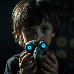 A boy with a haunting expression of trauma, featuring brown eyes that reflect a deep emotional struggle