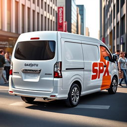 A white Daihatsu Grandmax blind van featuring a striking orange SPX logo prominently on its side