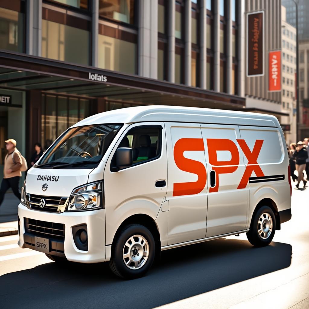 A white Daihatsu Grandmax blind van featuring a striking orange SPX logo prominently on its side