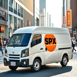 A white Daihatsu Grandmax blind van featuring a striking orange SPX logo prominently on its side