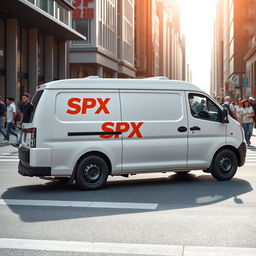 A white Daihatsu Grandmax blind van featuring a striking orange SPX logo prominently on its side