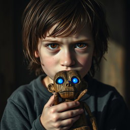 A traumatized boy with an intense expression, showcasing brown eyes filled with emotion