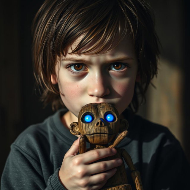 A traumatized boy with an intense expression, showcasing brown eyes filled with emotion