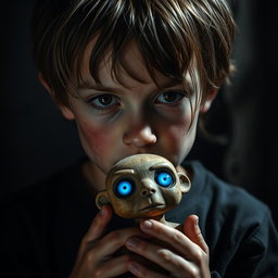 A traumatized boy with an intense expression, showcasing brown eyes filled with emotion