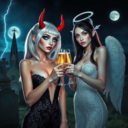 A stunning scene in a cemetery at midnight featuring two 18-year-old girls
