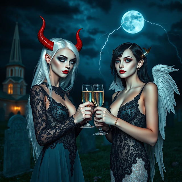 A stunning scene in a cemetery at midnight featuring two 18-year-old girls