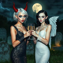 A stunning scene in a cemetery at midnight featuring two 18-year-old girls