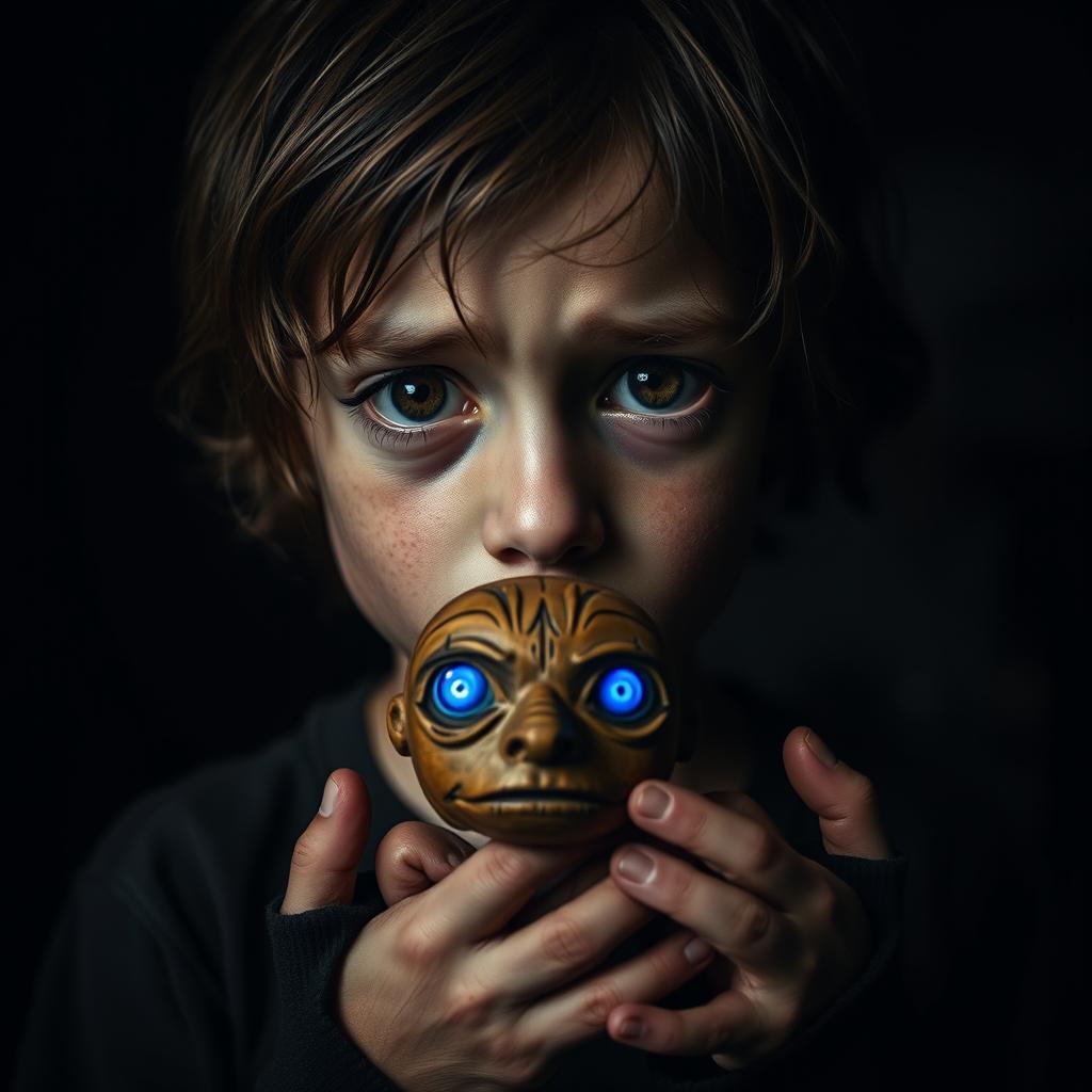 A traumatized boy with an intense expression, showcasing brown eyes filled with emotion