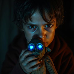 A traumatized boy with an intense expression, showcasing brown eyes filled with emotion