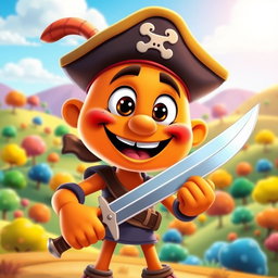 A cartoonish orange character with a cheerful face and exaggerated features, holding a sword in a lively and animated style