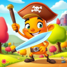 A cartoonish orange character with a cheerful face and exaggerated features, holding a sword in a lively and animated style
